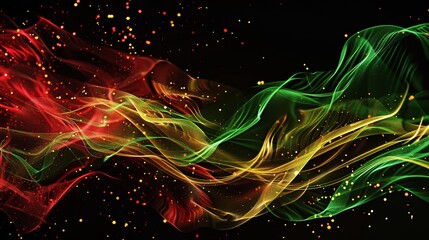 Abstract visualization of Christmas carol sound waves as flowing liquid particles in red, green and gold dancing on black background. Dynamic audio wave art capturing holiday music energy.