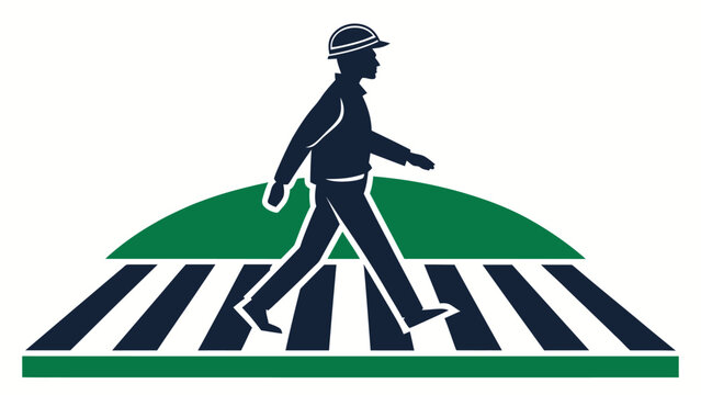Safety first crossing design shows construction worker in hard hat using crosswalk, emphasizing pedestrian awareness and road safety for industrial zones
