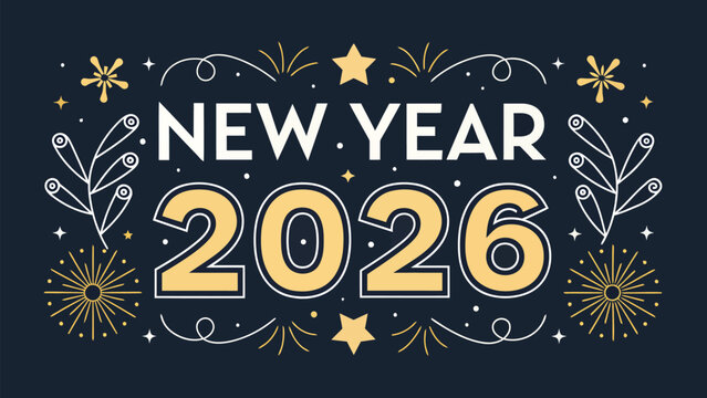 Celebrate the New Year 2026 with festive decorations, stars and fireworks for invitations, party banners, and greetings for a joyous celebration