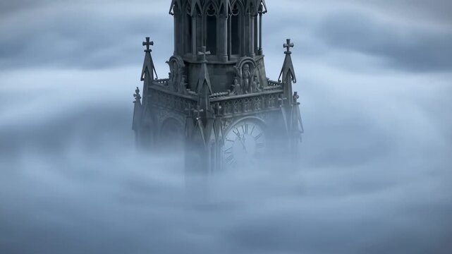 An ornate clock tower rises above a vast sea of rolling fog, its ancient structure emerging mysteriously through the shifting mist.
