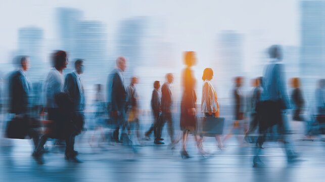 Generative AI. motion blur image of business people crowd walking at corporate office in city downtown, blurred background, business center concept. High quality