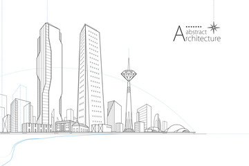 Abstract modern urban  line drawing, imaginative architecture building construction perspective design.
