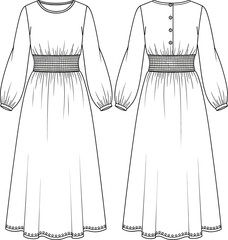 Elegant long-sleeve maxi dress technical flat sketch with smocked waist, button-back closure, flared hem detailing, fashion apparel design template for sewing illustration