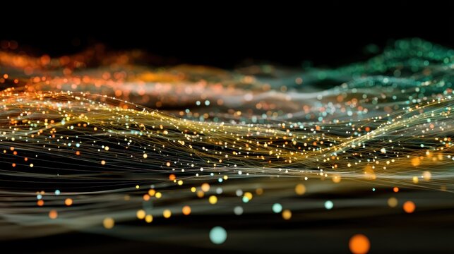 A colorful, abstract digital wave with orange, yellow, and green particles, set against a black background with a subtle gradient.