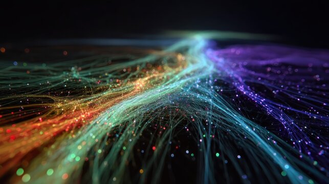 A colorful, abstract digital artwork featuring a network of lines and dots in various colors, creating a sense of movement and energy. 