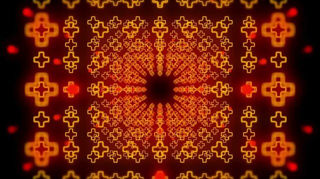 A deep, symmetrical pattern composed of bright orange and yellow cross or plus shapes, arranged in repeating circles to create a tunnel or mandala effect. This dynamic visual is suitable for music or 