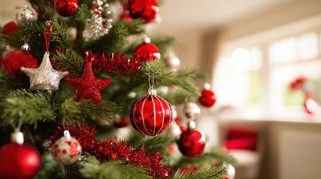 Festive Christmas Tree Adorned with Red and Silver Ornaments, Bringing Holiday Cheer to a Cozy Home