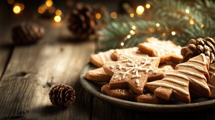 Festive Holiday Cookies with Pine Cones and Evergreen Sprigs on Rustic Wooden Surface