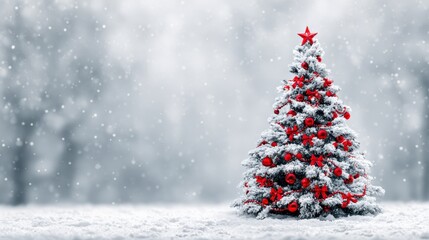 Obraz premium Snowy Christmas Tree Decorated with Red Ornaments and Star Topper, Winter Holiday Season Background