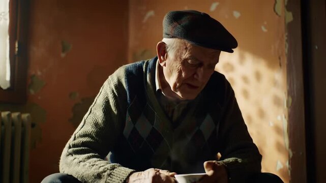 Elderly man wearing a flat cap sits in a room with peeling paint, bathed in warm light, looking downward thoughtfully