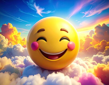 A 3D rendered emoji smiling widely atop fluffy clouds under a vibrant, colorful sky filled with orange and blue hues