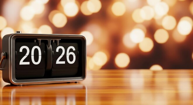 Year Twenty Twenty Six - A flip clock displaying the numbers 20 and 26 with bokeh lights in the background