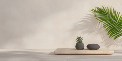 Wellness meditation positivity concept. Minimalistic decor featuring stones and plants on a textured surface.