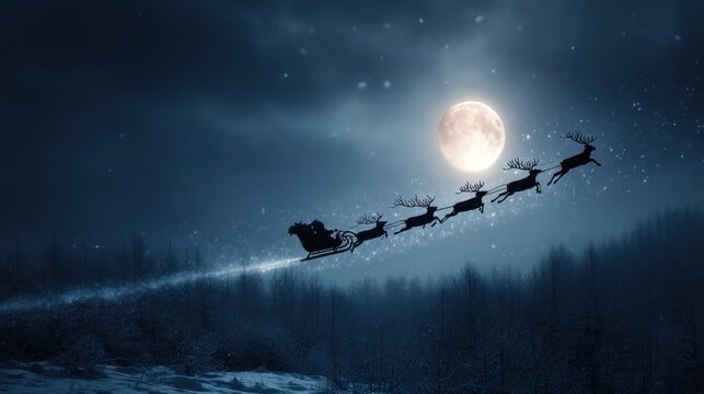 A silhouette of Santa Claus and his reindeer flying over a snowy forest under a full moon, with snowflakes falling and a dark blue sky with stars.