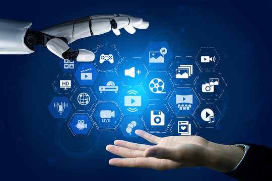 AI assisted multimedia with video, audio, photo and streaming icons showing modern digital communication and online entertainment platforms Entice