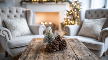 Naklejka premium Festive Christmas Living Room Interior with Armchairs, Fireplace, and Holiday Decorations for Cozy Celebration