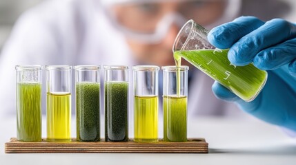 A scientist pouring green liquid into test tubes with a blurred background of a laboratory setting.