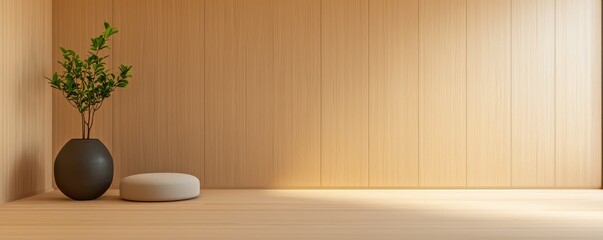 Wellness meditation positivity concept. Minimalist interior with a vase and stone on wooden floor against a warm wall.