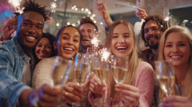 Diverse group celebrates with champagne and sparklers, radiating happiness and festive cheer at a vibrant social gathering