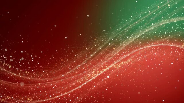 A vibrant red and green background with a wave of glitter that spans the entire image. Red dominant cinematic holiday background with white green gold shimmer