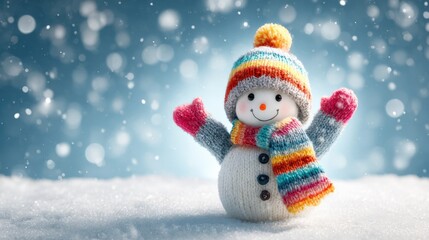 Fototapeta premium Cheerful Knitted Snowman in Winter Scene with Falling Snowflakes and Brightly Colored Accessories for Holiday Season