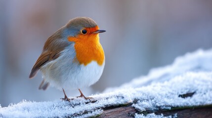 European Robin Perched on Snowy Branch in Winter, Close-up Bird Portrait with Blurred Background