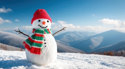Obraz premium Cheerful Snowman with Red Hat and Scarf in Winter Landscape Against Blue Sky