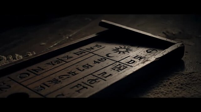 Mysterious ancient carved wooden board with cryptic symbols sun and moon in dim light suitable for fantasy occult ritual and historical themed visuals