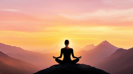 Wellness meditation positivity concept. A person meditates on a mountain at sunset, surrounded by serene landscapes.