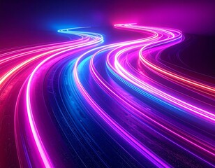Abstract neon light trails curve, illuminating a dark, sleek background
