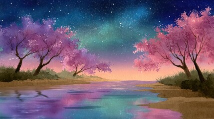A serene, colorful landscape with pink and purple trees, a calm river, and a starry sky in the background.