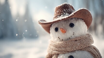 Festive snowman wearing a cowboy hat and scarf enjoying a snowy winter landscape