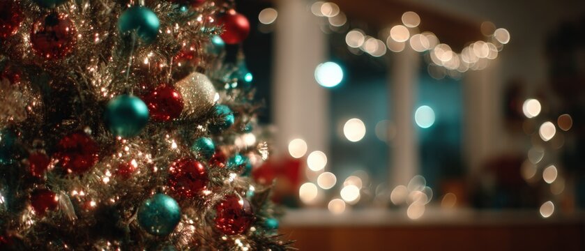 Festive Christmas tree adorned with ornaments and twinkling lights creating a warm, inviting holiday ambiance