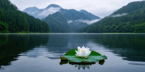 Wellness meditation positivity concept. Serene lake with a blooming lotus and mountains in the background.