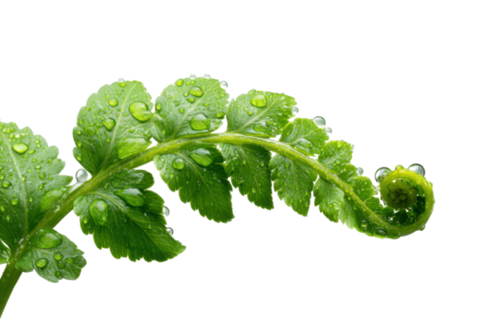 Green fern frond with water droplets on black background leaf leaves, Png, Isolated on Transparent Background, Cut Out
