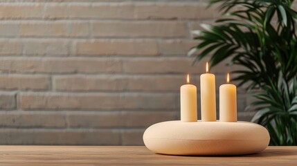 Wellness meditation positivity concept. Three lit candles on a decorative holder against a textured wall and a plant backdrop.