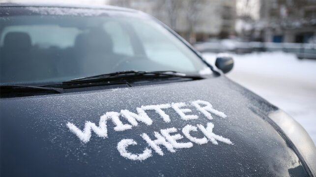 Car Windshield Covered in Snow with Winter Check Message, Representing Vehicle Maintenance and Safety
