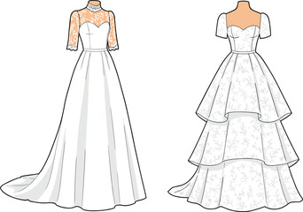 Elegant wedding dresses vector illustration featuring intricate lace and layered designs, perfect for bridal fashion, wedding gown design, formal wear, and fashion illustration.