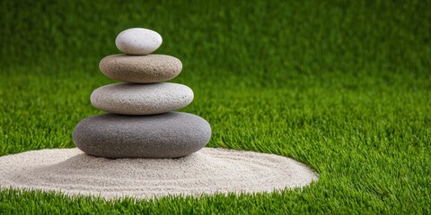 Wellness meditation positivity concept. Zen stone arrangement on grass, symbolizing tranquility and balance.