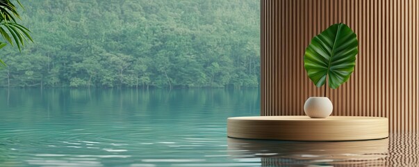 Wellness meditation positivity concept. Serene interior scene with a large green leaf and calm water reflection.