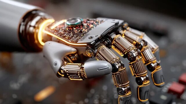Cybernetic Hand: A detailed view of a cutting-edge cybernetic hand, showcasing intricate mechanical parts and glowing internal components.
