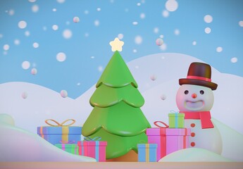 A charming 3D illustration of a festive winter scene with a Christmas tree, snowman, and colorful gifts under falling snow.