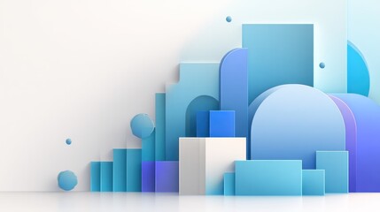 A blue and white geometric abstract composition with a mix of cubes, spheres, and arches, set against a plain white background with subtle shadows and highlights.