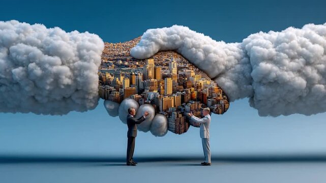 Partnership Harmony: A symbolic representation of unity, two figures shake hands within cloud-formed hands, the cityscape inside, signifying a merger of ideas and efforts