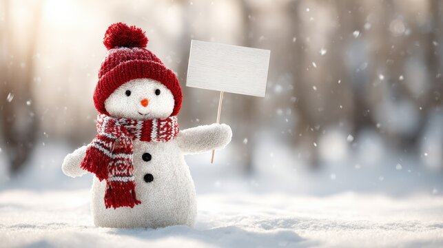 Festive snowman figure with a blank sign amidst a snowy winter wonderland scene