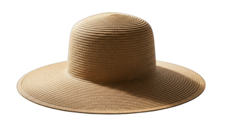 Woven Straw Sun Hat with Wide Brim and Rounded Crown Displayed on Transparent Background with Natural Lighting Casting Shadows