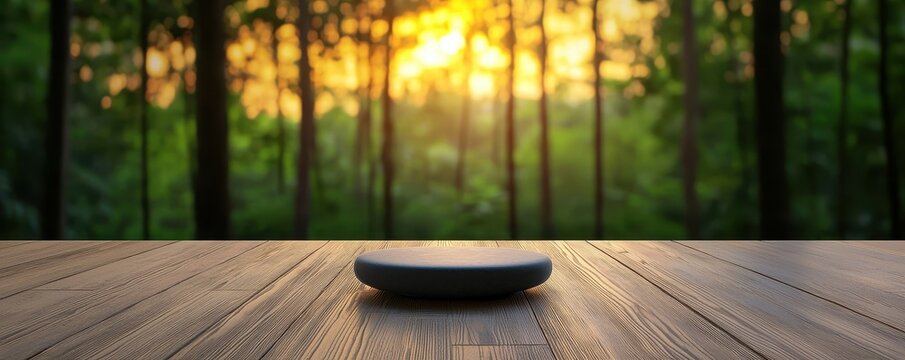 Wellness meditation positivity concept. Calm scene with a stone on a wooden table, surrounded by a sunlit forest backdrop.
