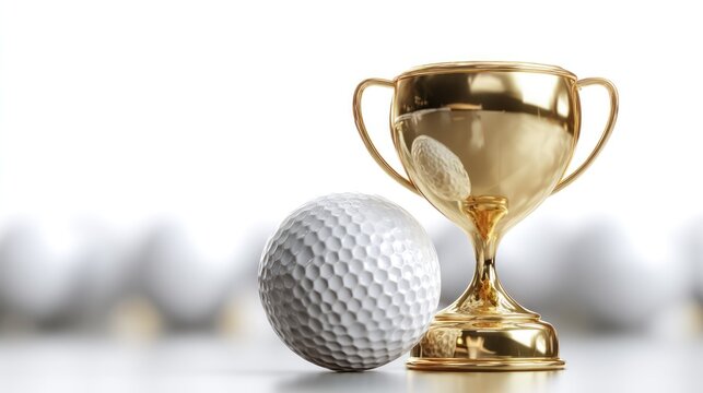 A gold trophy cup with a golf ball next to it on a white surface with blurred golf balls in the background. - Powered by Adobe