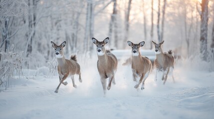 Four White-Tailed Deer Running Through a Snowy Winter Forest Landscape at Dawn