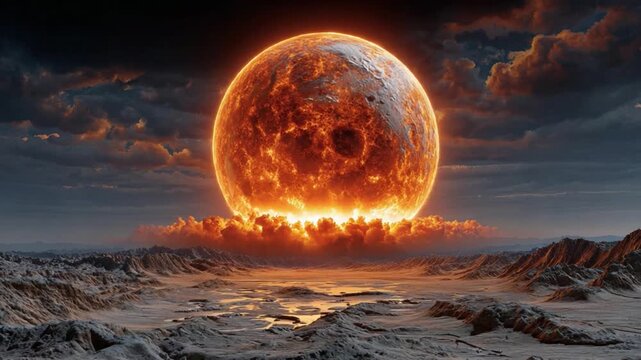 Celestial Inferno: The image portrays a colossal planet engulfed in flames. Its surface, textured with fiery magma, casts an ominous glow. Dramatic, evocative sky, emphasizing the planet's raw energy.